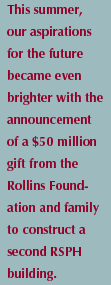 This summer, our aspirations for the future became even brighter with the announcement of a $50 million gift from the Rollins Foundation and a family to construct a second RSPH building.