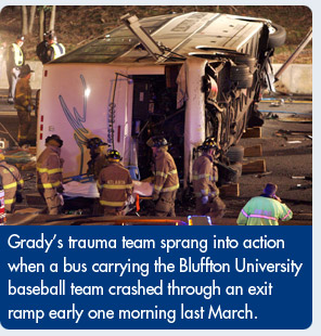 Grady's trauma team sprang into action when a bus carrying the Bluffton University baseball team crashed through an exit ramp early one morning last March.