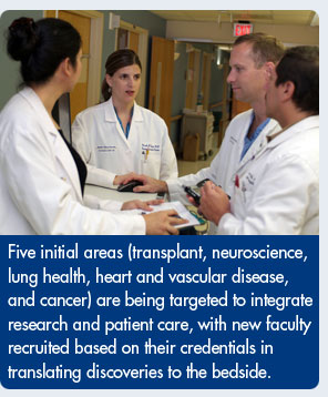 Five initial areas (transplant, neuroscience, lung health, heart and vascular disease, and cancer) are being targeted to integrate research and patient care, with new faculty recruited based on their credentials in translating discoveries to the bedside.