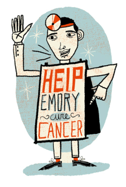 Illustration of doctor wearing sandwich board reading Help Emory Cure Cancer