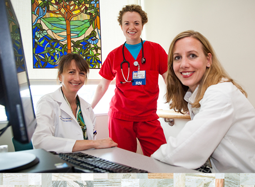 Susan Bauer-Wu's (left) studies involve nurses at Winship Cancer Institute, including nurse practitioners Jessica Thomas 06N 10MN (center) and Kate Carlson Wrammert.